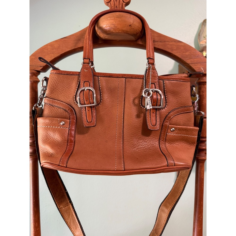 Fossil Cognac Leather Satchel Crossbody Bag Paisley Lining 75082 Brown